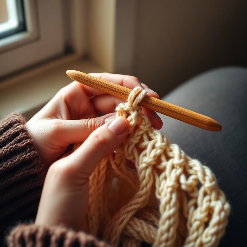 Hands crocheting with cream yarn by a sunny window